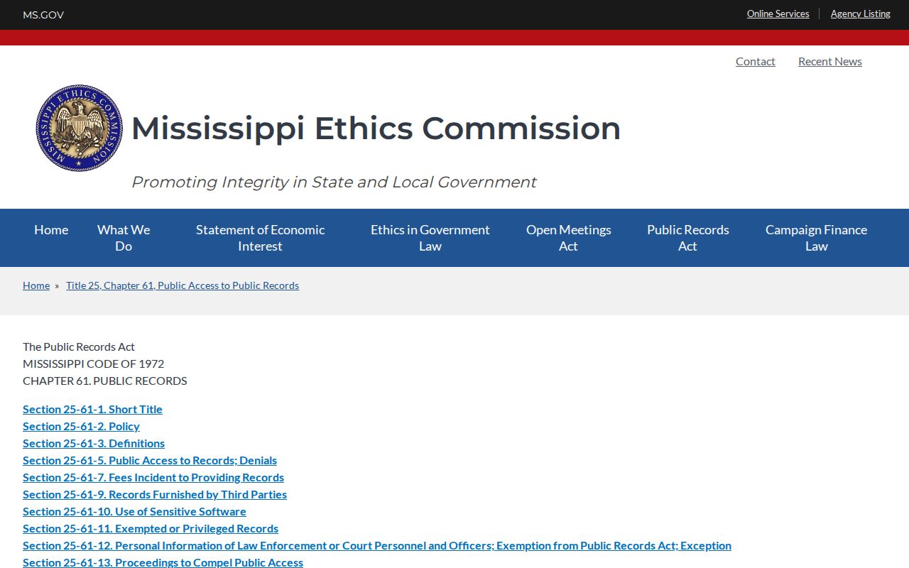 Mississippi Public Records Act source for released inmate records
