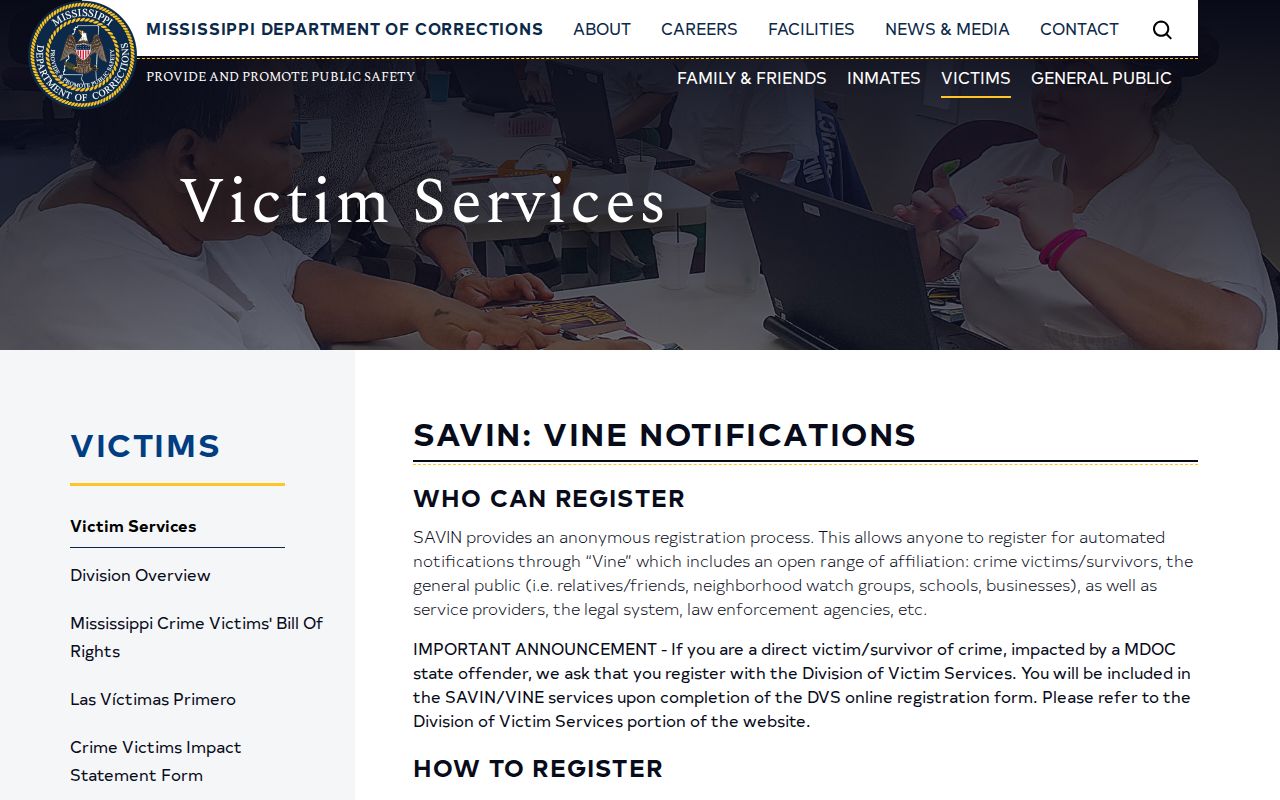 Mississippi SAVIN registration for parole absconder and custody notifications