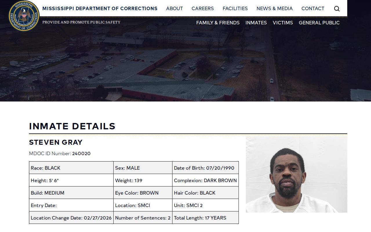 Mississippi inmate record showing a tentative projected release date
